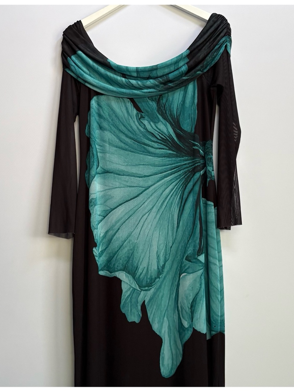 NWT Anthropologie AFRM Long-Sleeve Off-The-Shoulder Teal Flower Mesh Maxi Dress - Picture 12 of 12